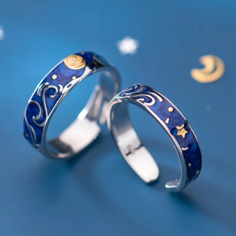 Van Gogh Starry Night Couple Sliver Ring