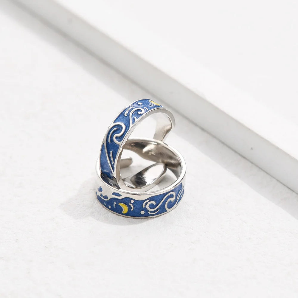 Van Gogh Starry Night Couple Sliver Ring