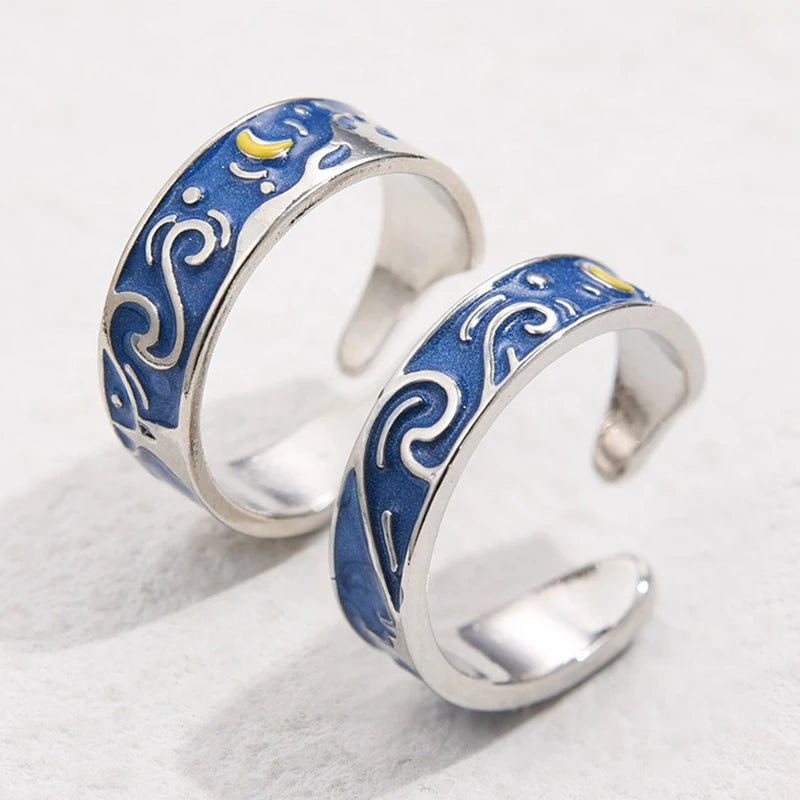 Van Gogh Starry Night Couple Sliver Ring