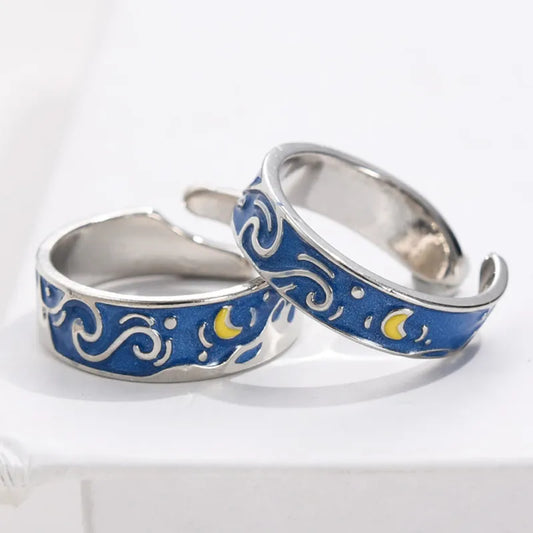 Van Gogh Starry Night Couple Sliver Ring