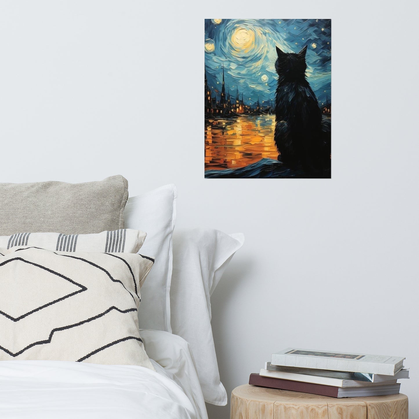 Black Cat with starry night Poster