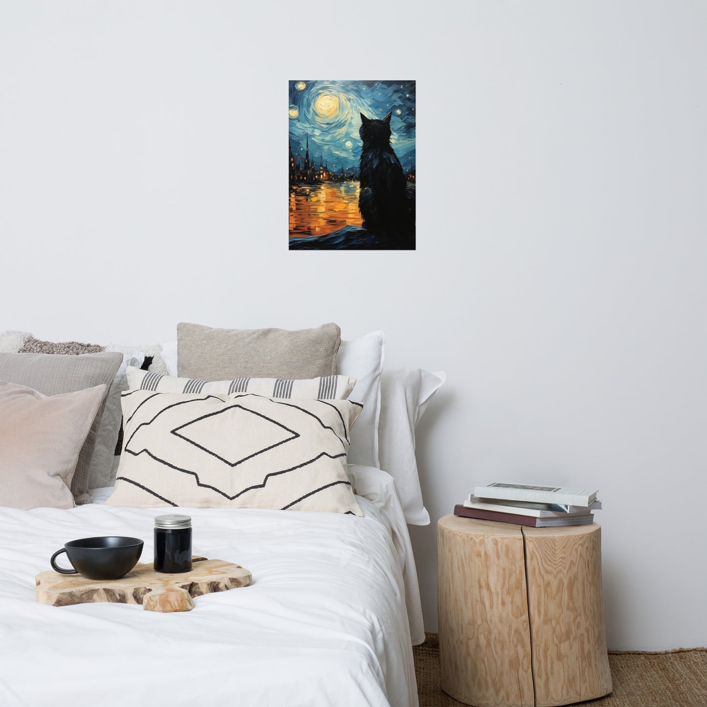 Black Cat with starry night Poster