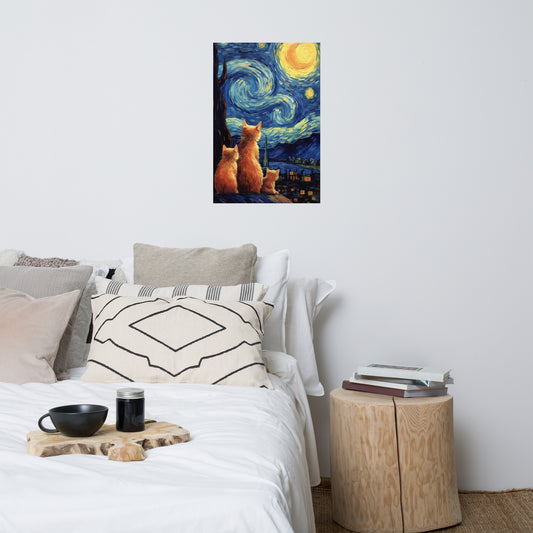 Cats at the Starry Night Poster