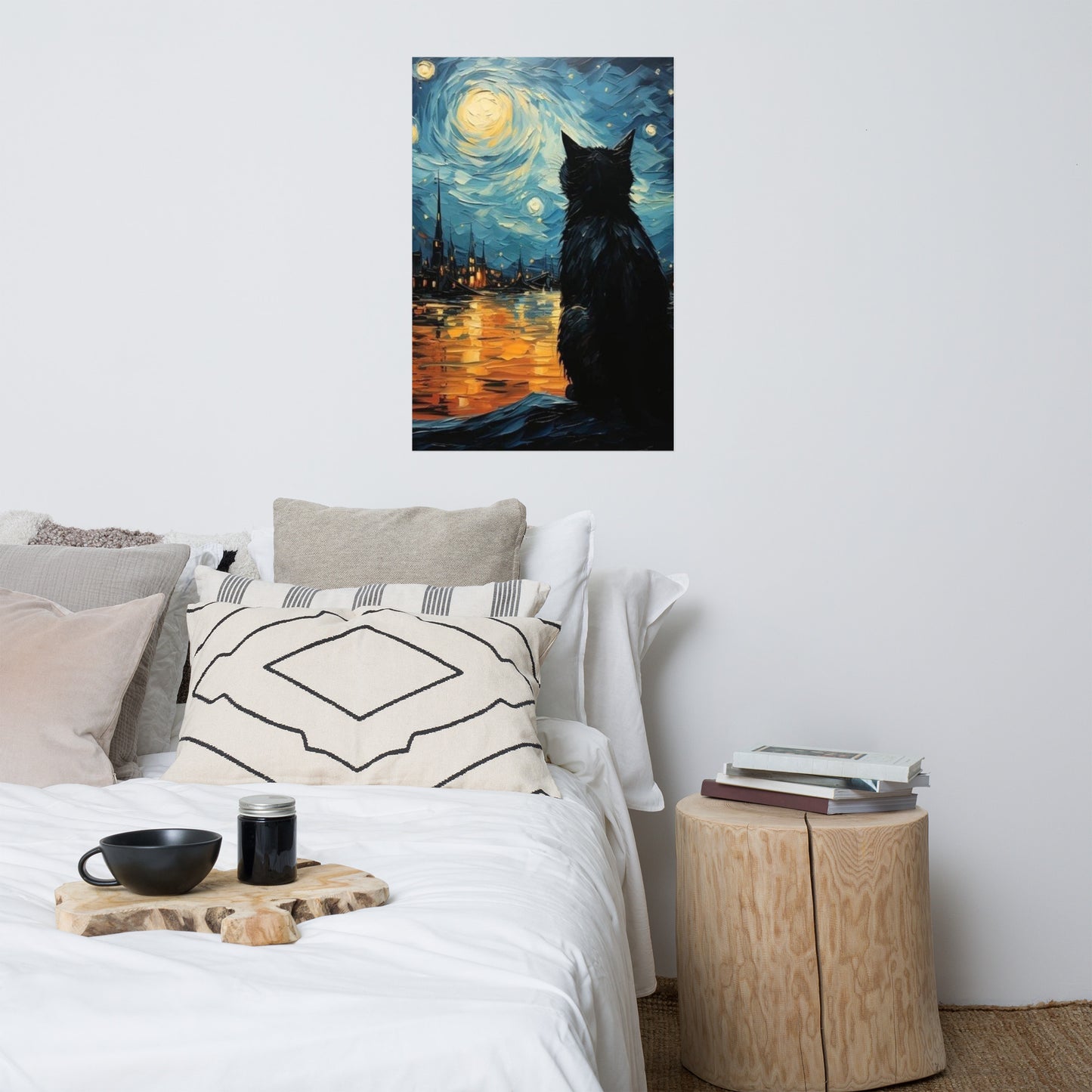 Black Cat with starry night Poster