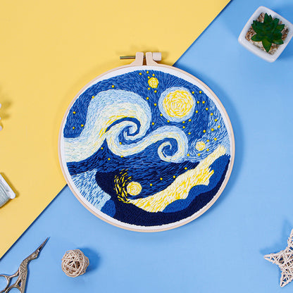 Landscape Starry Night Sea Wave Embroidery Cloth Printing