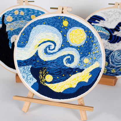 Landscape Starry Night Sea Wave Embroidery Cloth Printing